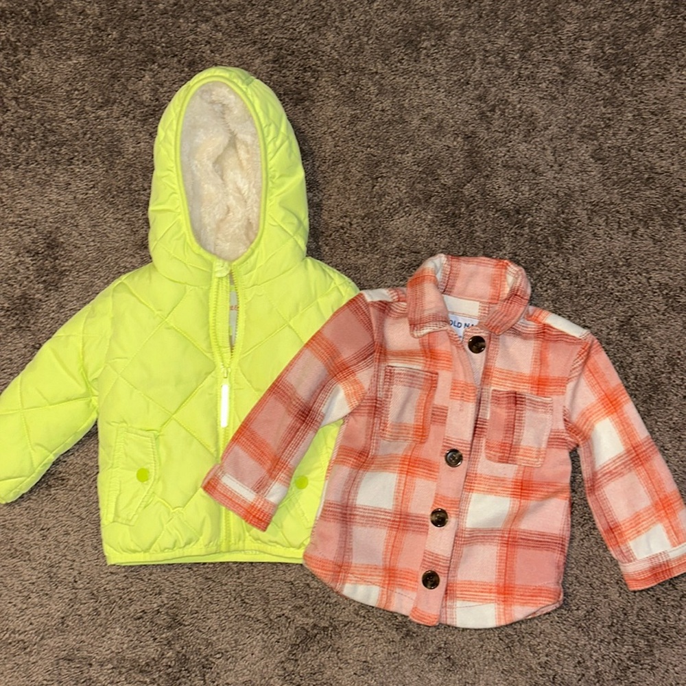 Toddler girls neon winter jacket and pink shacket bundle 18m and 18/24m